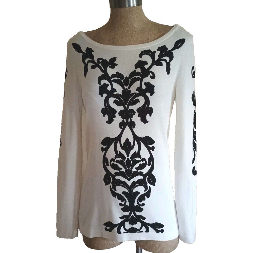 WHBM Sweater Sz S Ivory Rayon Nylon Black Rhinestone Appliqué L/S Pullover